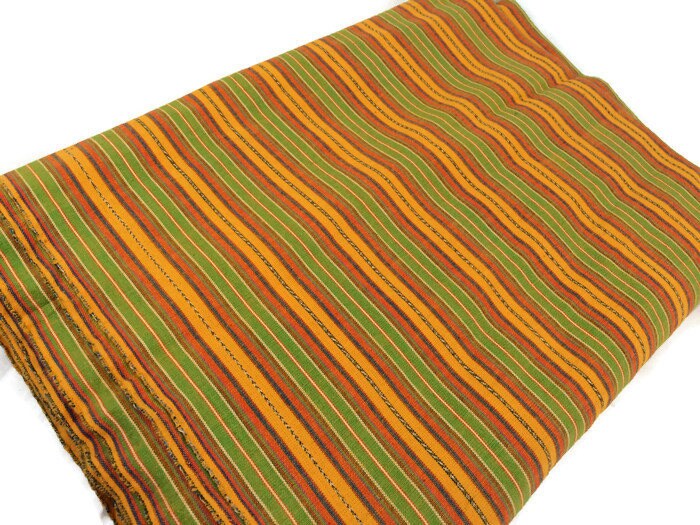 Guatemalan Fabric by the Yard. 100% Handwoven Cotton Fabric. Yellow, Green, Orange Ikat Striped Mayan Textiles for Clothing and Home Décor.