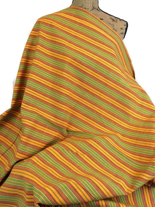 Guatemalan Fabric by the Yard. 100% Handwoven Cotton Fabric. Yellow, Green, Orange Ikat Striped Mayan Textiles for Clothing and Home Décor.