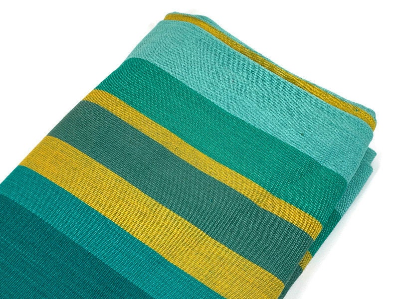 Guatemalan Fabric by the YARD. Royal Blue, Green, Yellow Wide Stripes. Woven Fair Trade Mayan Designer Fabric for Home Decor or Apparel.
