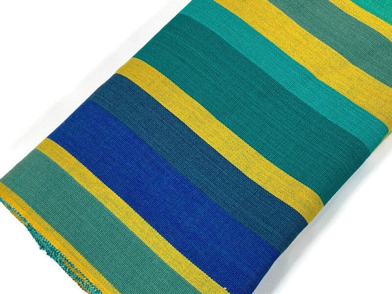 Guatemalan Fabric by the YARD. Royal Blue, Green, Yellow Wide Stripes. Woven Fair Trade Mayan Designer Fabric for Home Decor or Apparel.
