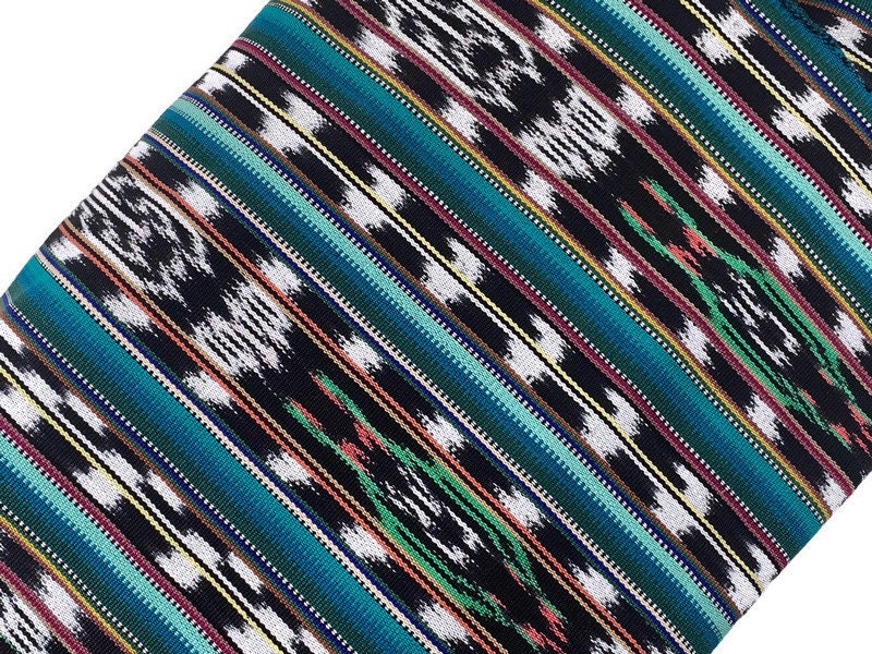 Guatemalan Fabric by the YARD. Handwoven Fair Trade Mayan Heavy Woven Fabric for Home Decor. Tribal Black/White Ikat with Turquoise Stripes.