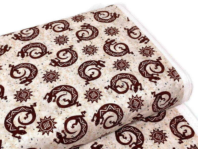 Navajo Lizard Fabric, Coffee Brown Geckos, Southwestern Style Cotton