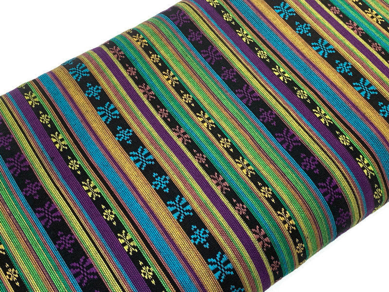 Southwest Style Embroidered Fabric by the Yard. 100% Dobby Cotton Boho Fabric with Multicolored Stripes. Purple, Green, Teal. 56" wide.