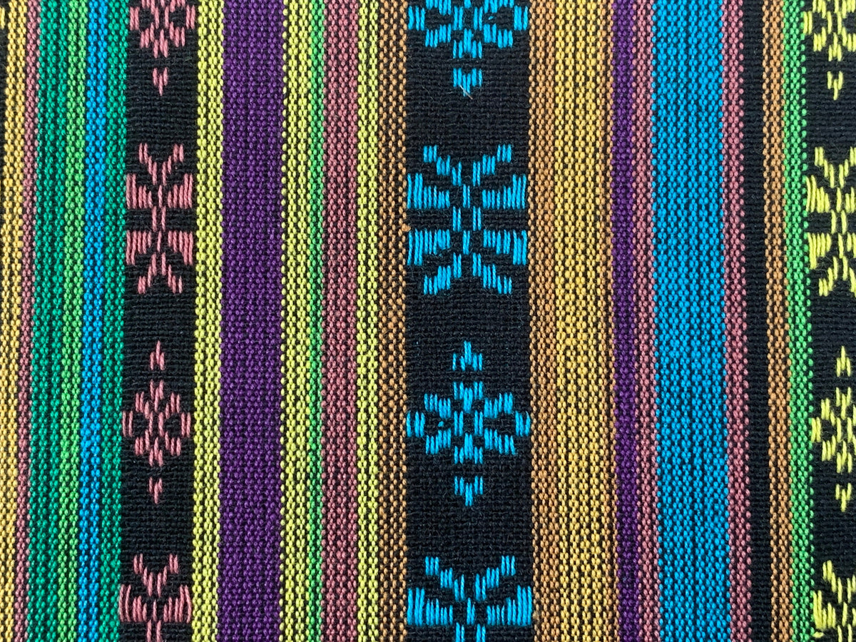 Southwest Style Embroidered Fabric by the Yard. 100% Dobby Cotton Boho Fabric with Multicolored Stripes. Purple, Green, Teal. 56" wide.