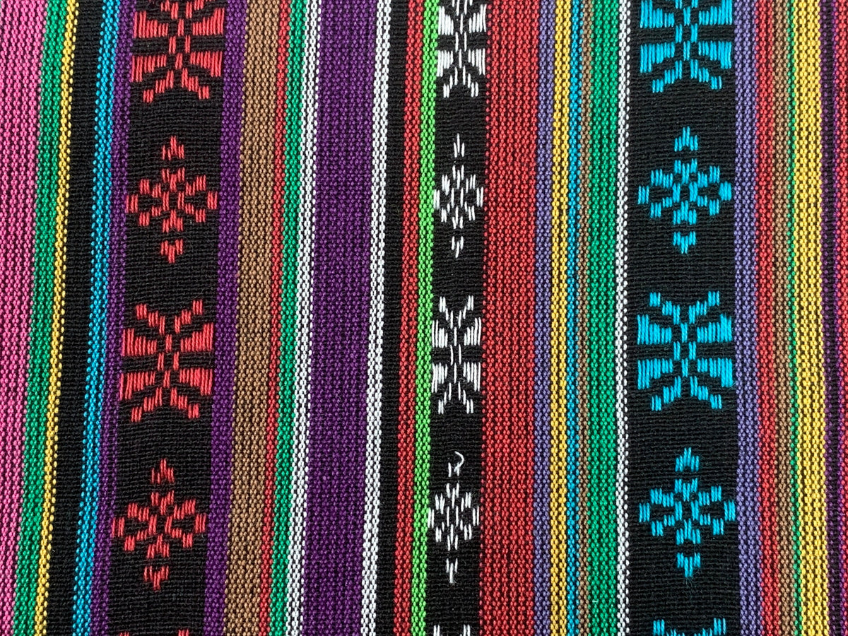 Southwest Style Embroidered Fabric by the Yard. 100% Dobby Cotton Rainbow Multicolored Stripes. Turquoise/Pink. 56" wide. One Side Finished.