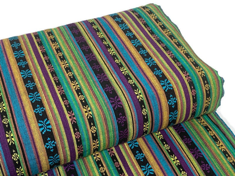 Southwest Style Embroidered Fabric by the Yard. 100% Dobby Cotton Boho Fabric with Multicolored Stripes. Purple, Green, Teal. 56" wide.