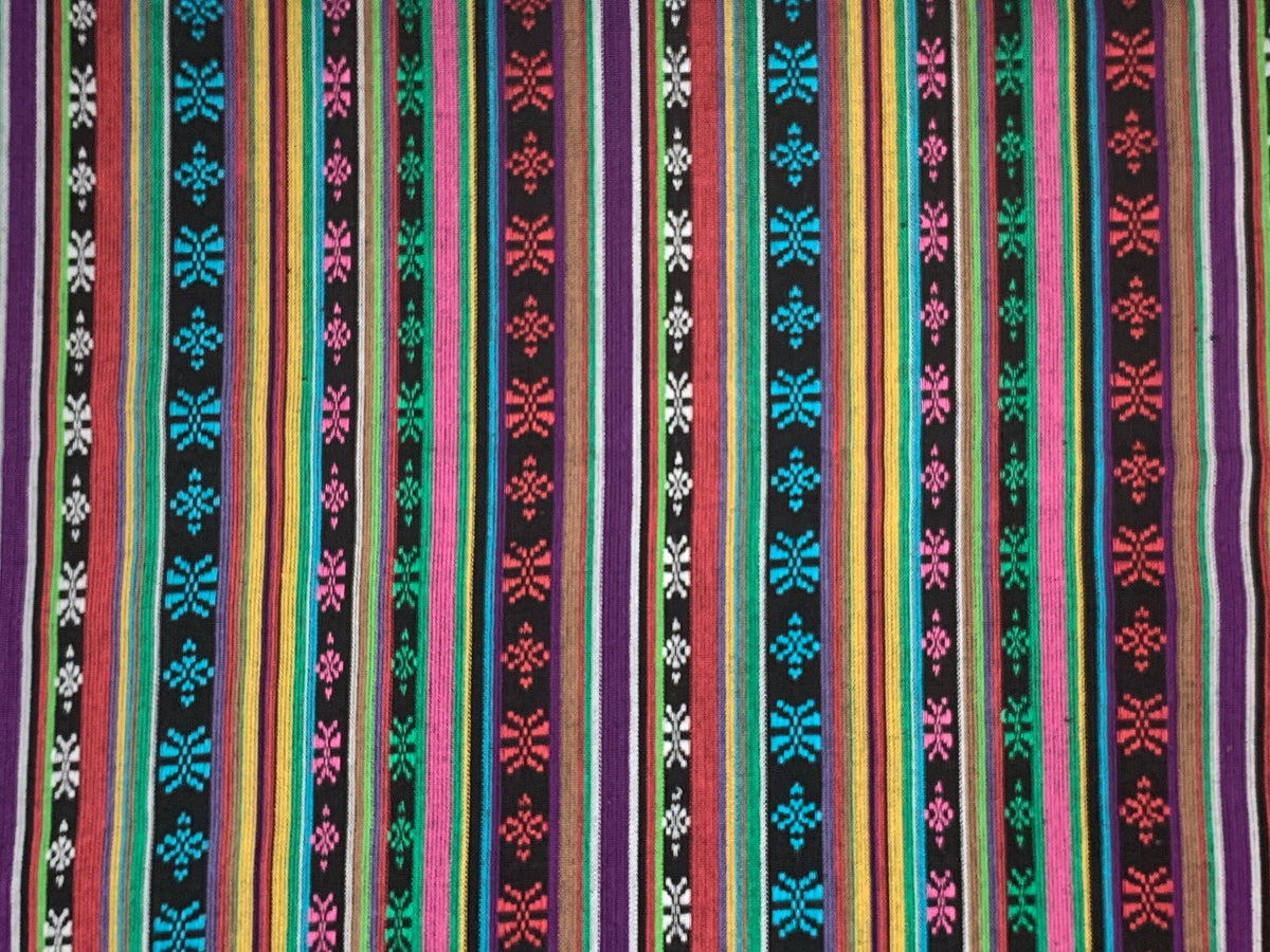 Southwest Style Embroidered Fabric by the Yard. 100% Dobby Cotton Rainbow Multicolored Stripes. Turquoise/Pink. 56" wide. One Side Finished.