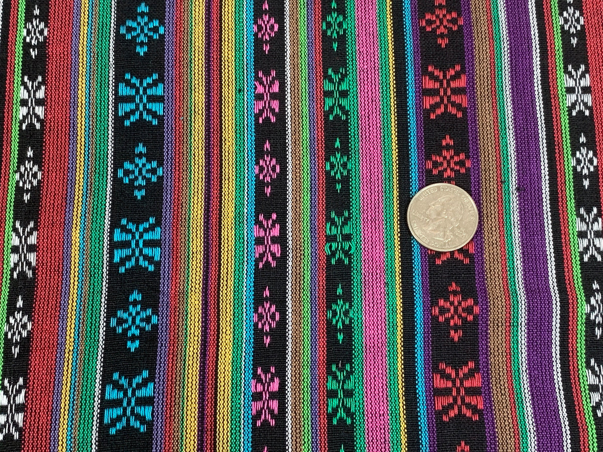Southwest Style Embroidered Fabric by the Yard. 100% Dobby Cotton Rainbow Multicolored Stripes. Turquoise/Pink. 56" wide. One Side Finished.
