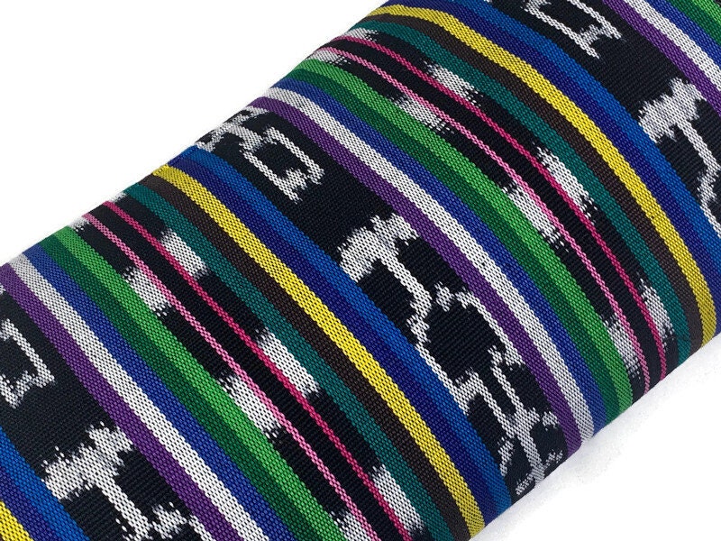 Black & White Ikat with Assorted Colors Guatemalan Fabric by the YARD. Handwoven Fair Trade Ethnic Mayan Cotton for Home Décor 36" wide.
