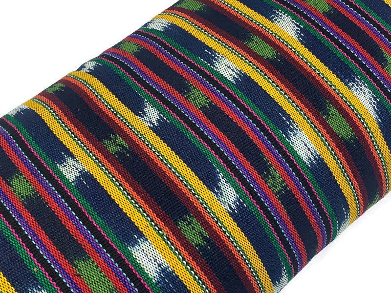 Yellow Green Red Navy Striped Ikat Guatemalan Fabric by the YARD. Handwoven Fair Trade Ethnic Mayan Fabric Cotton for Home Décor 36" wide.