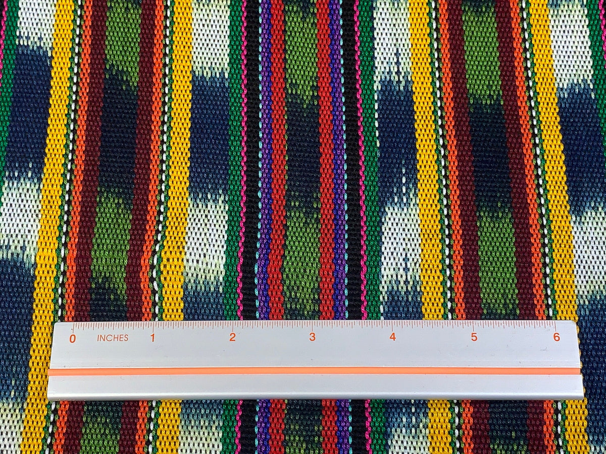 Yellow Green Red Navy Striped Ikat Guatemalan Fabric by the YARD. Handwoven Fair Trade Ethnic Mayan Fabric Cotton for Home Décor 36" wide.