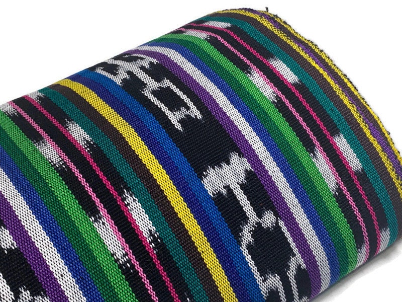 Black & White Ikat with Assorted Colors Guatemalan Fabric by the YARD. Handwoven Fair Trade Ethnic Mayan Cotton for Home Décor 36" wide.
