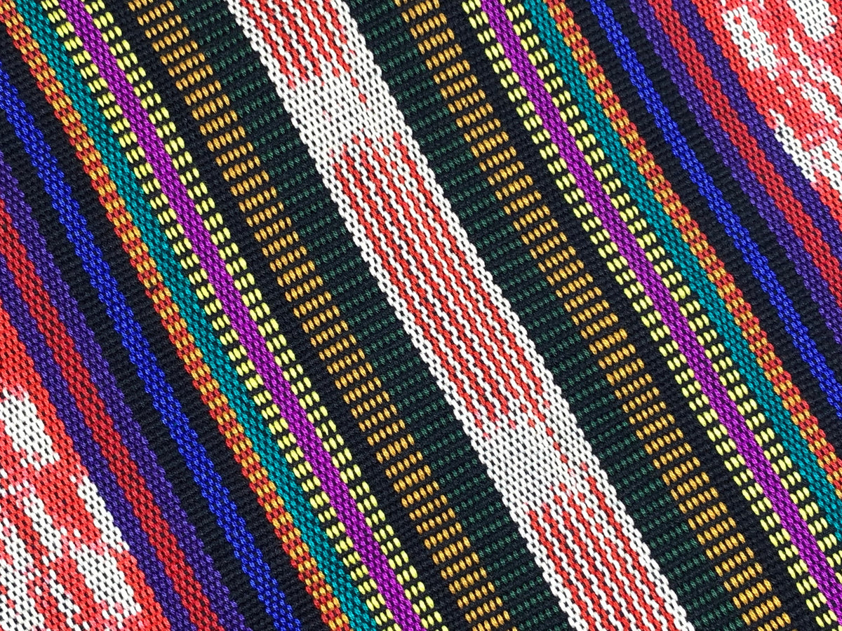 Red Ikat Stripes with Black, Blue, Purple, Guatemalan Fabric by the YARD. Handwoven Mayan Medium Weight Textile for Home Décor 36" wide.