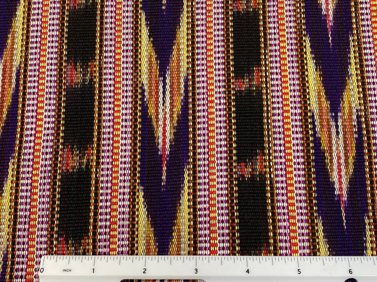 Guatemalan Ikat Fabric by the YARD. Handwoven Fair Trade Mayan Fabric. Heavy Woven Fabric for Home Décor. Dark Purple, Yellow, Black Stripes