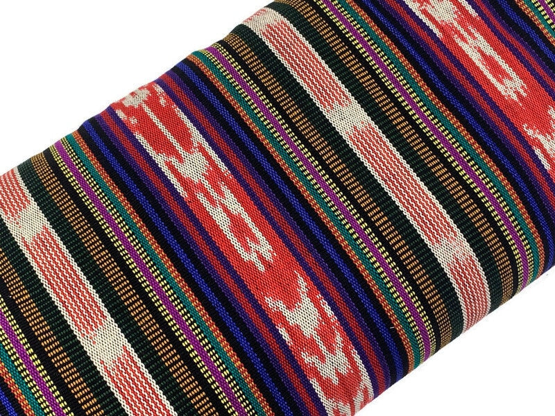 Red Ikat Stripes with Black, Blue, Purple, Guatemalan Fabric by the YARD. Handwoven Mayan Medium Weight Textile for Home Décor 36" wide.