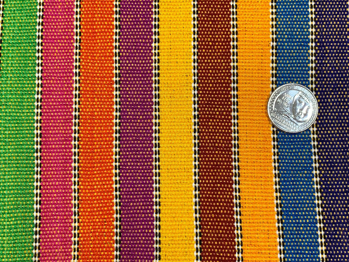 Guatemalan Striped Ikat Fabric by the YARD. Medium Weight. Rainbow and White Lines Handwoven Mayan Fabric for Apparel, Home Décor. 36" wide.