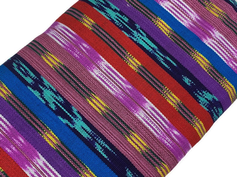 Guatemalan Traditional Ikat Fabric by the YARD. Medium Weight. Turquoise, Purple, Red Handwoven Mayan Fabric for Apparrel, Décor. 36" wide.