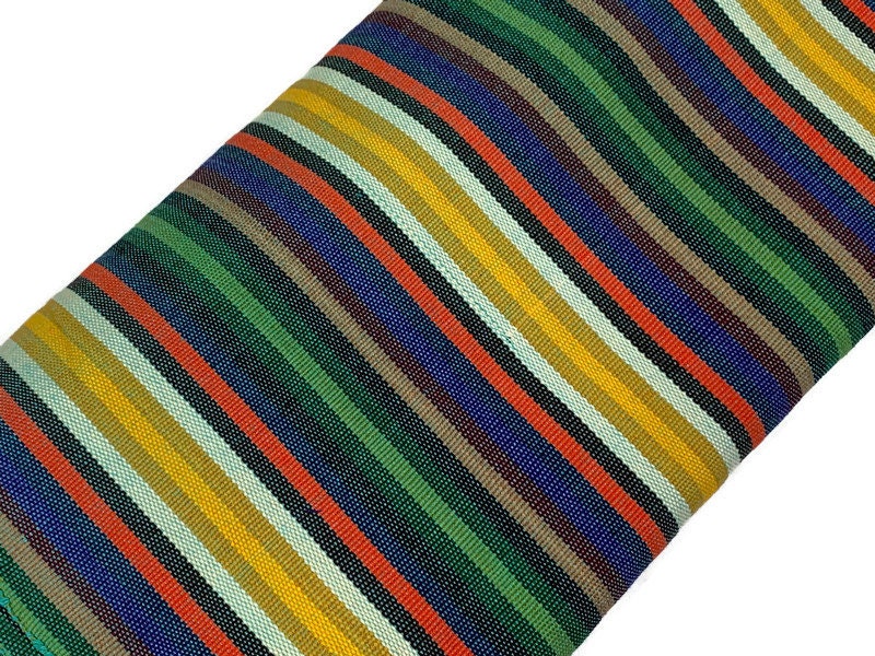 Guatemalan Thin Striped Ikat Fabric by the YARD. Medium Weight. Yellow/Green/Blue/Orange Handwoven Mayan Fabric for Home Décor. 36" wide.