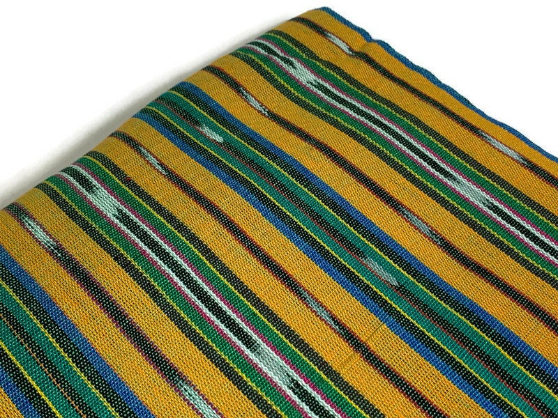 Guatemalan Fabric by the Yard. 100% Handwoven Cotton Fabric. Bright Yellow & Green, Ikat Striped Mayan Textiles for Clothing and Home Décor.