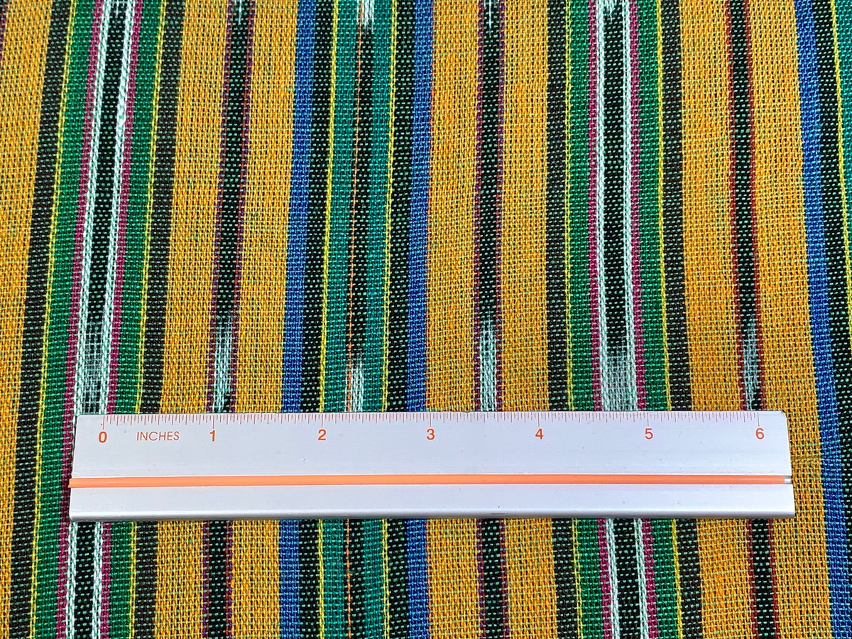 Guatemalan Fabric by the Yard. 100% Handwoven Cotton Fabric. Bright Yellow & Green, Ikat Striped Mayan Textiles for Clothing and Home Décor.