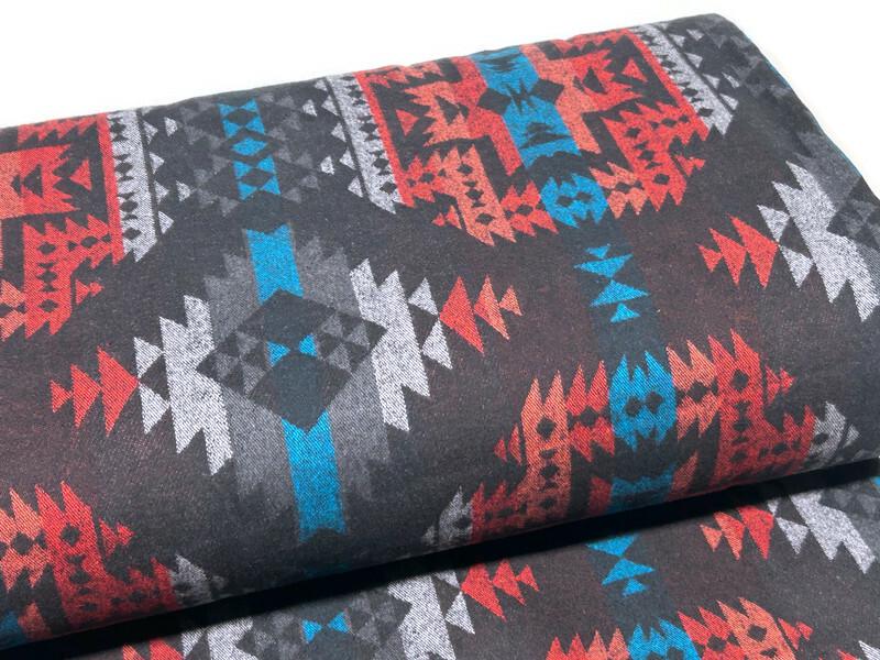 Sueded Cotton Southwest Style Woven Ikat Fabric by the Yard. 100% Heavy Flannel Weight Cotton Charcoal & Chile Red for Apparel, Home Décor.