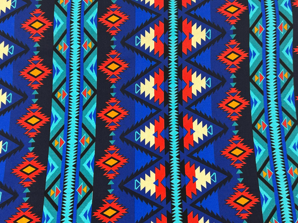 CANVAS Southwest Style Ikat Print Fabric by the Yard. 100% Canvas Weight Cotton in Royal Blue, Turquoise & Red. For Apparel, Décor, Crafts.