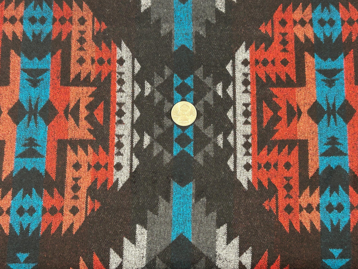 Sueded Cotton Southwest Style Woven Ikat Fabric by the Yard. 100% Heavy Flannel Weight Cotton Charcoal & Chile Red for Apparel, Home Décor.