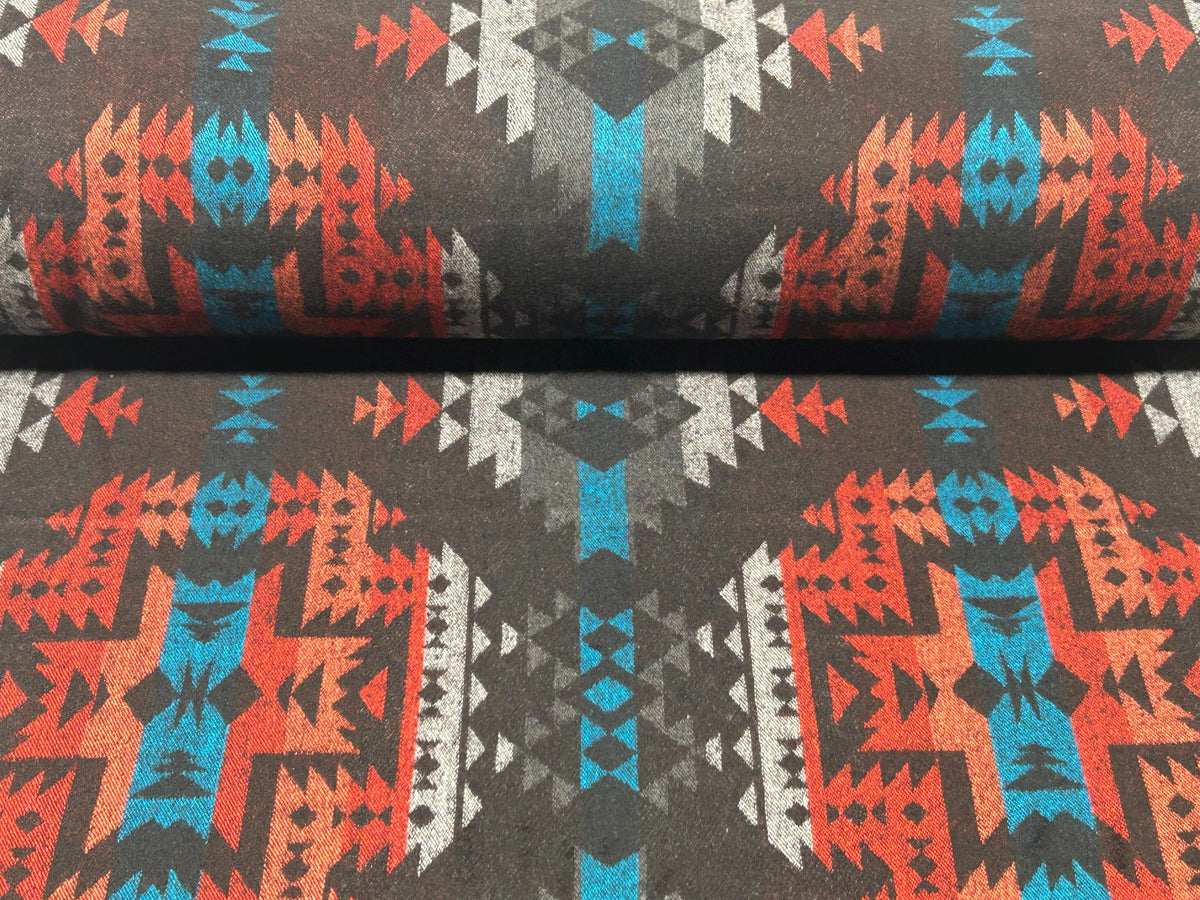Sueded Cotton Southwest Style Woven Ikat Fabric by the Yard. 100% Heavy Flannel Weight Cotton Charcoal & Chile Red for Apparel, Home Décor.