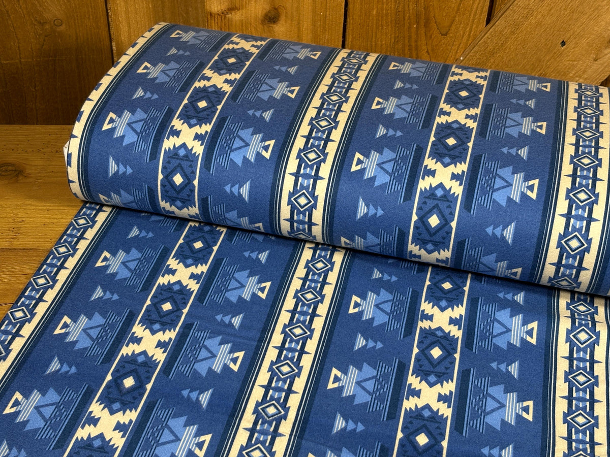 Blue Southwest Flannel Fabric, Woven Ikat Cotton, Home Décor Apparel