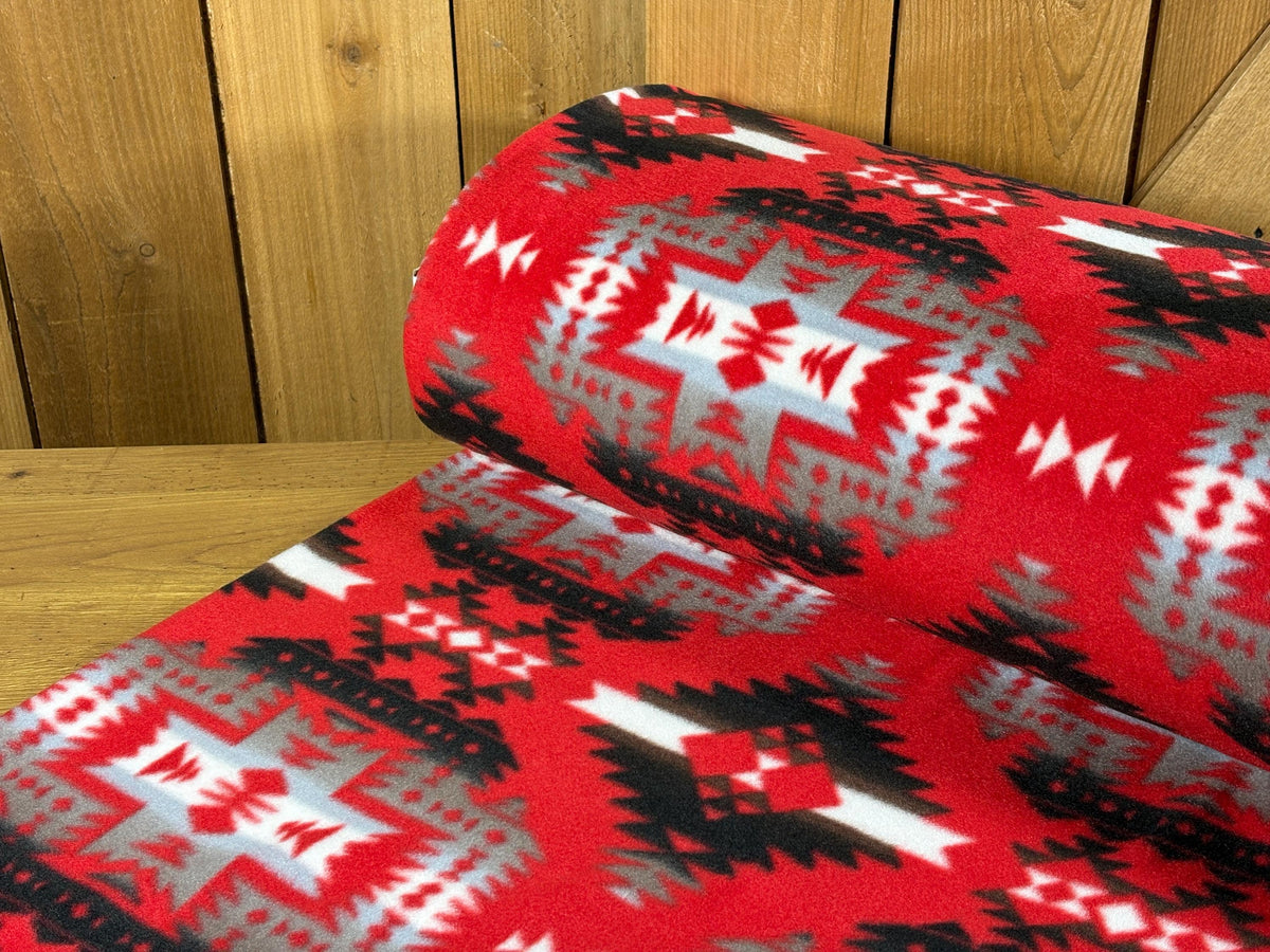 Red Black Southwest Ikat Winterfleece Fabric, 100% Polyester 58/60", Home Décor, Apparel