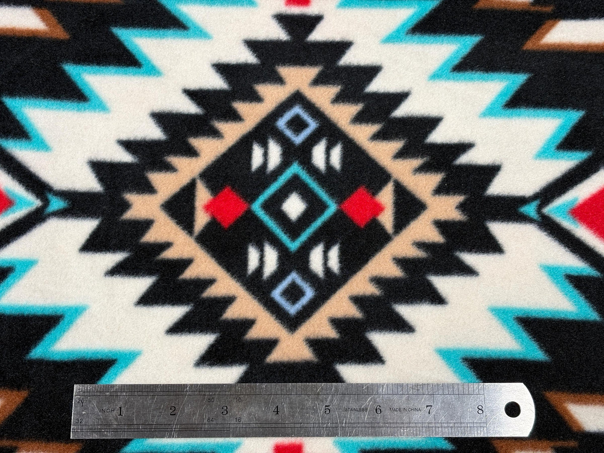 Southwest Ikat Fleece Fabric, Black White Turquoise Red, Home Décor Apparel