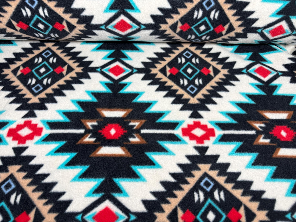 Southwest Ikat Fleece Fabric, Black White Turquoise Red, Home Décor Apparel