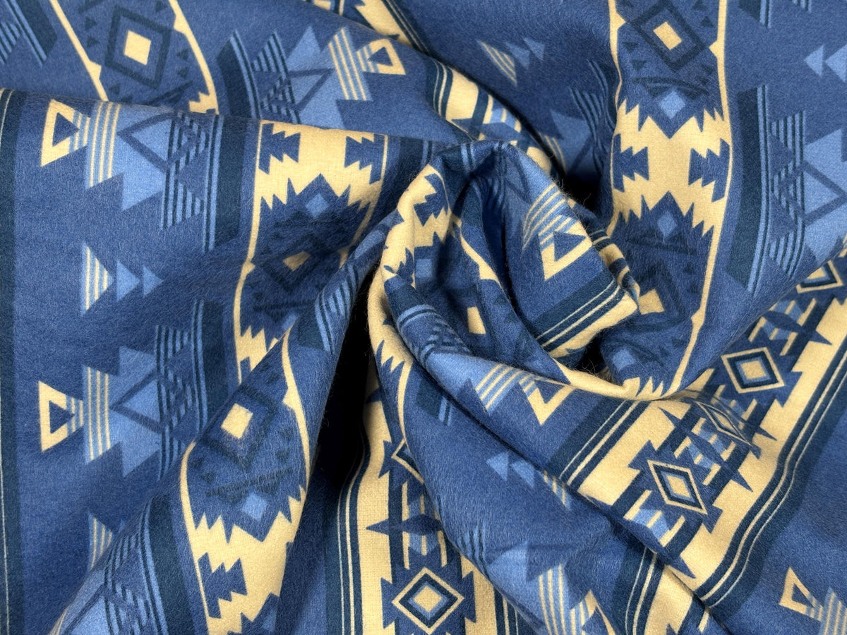 Blue Southwest Flannel Fabric, Woven Ikat Cotton, Home Décor Apparel