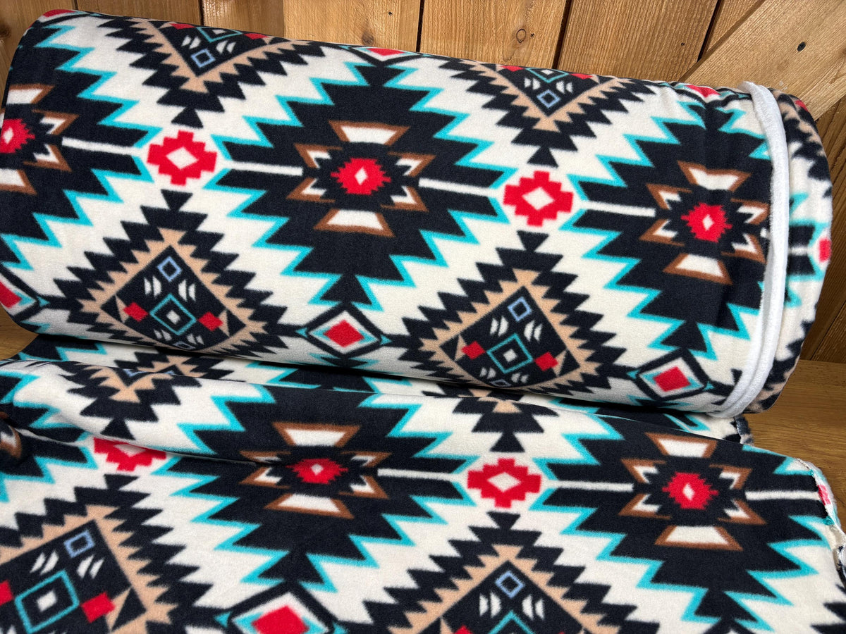 Southwest Ikat Fleece Fabric, Black White Turquoise Red, Home Décor Apparel