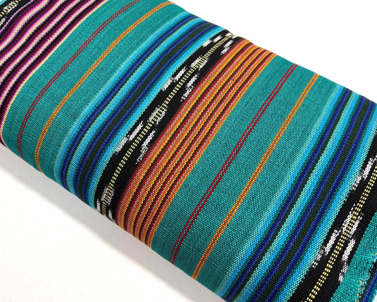 Teal & Gold Ikat Striped Guatemalan Fabric by Yard, Handwoven Cotton Mayan Textile, 36" Wide.