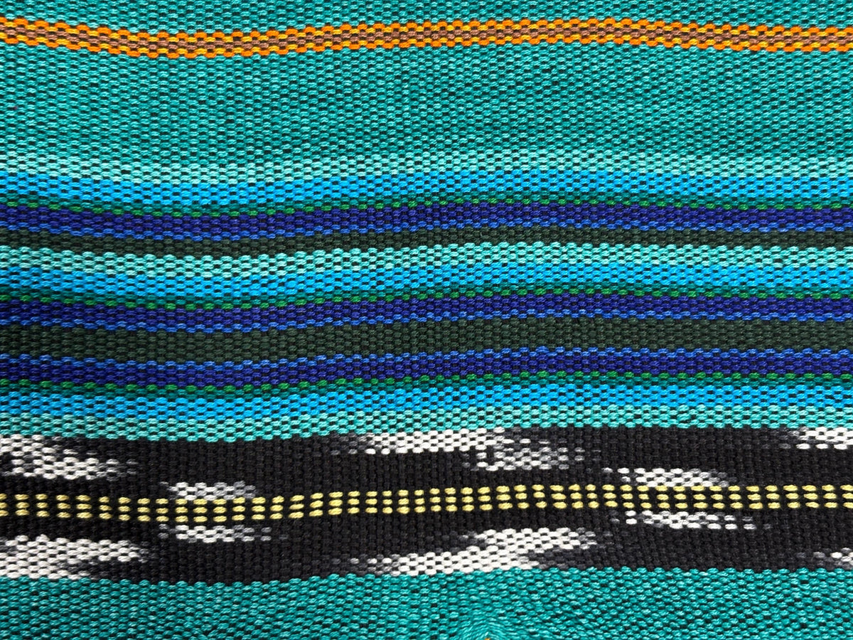 Teal & Gold Ikat Striped Guatemalan Fabric by Yard, Handwoven Cotton Mayan Textile, 36" Wide.