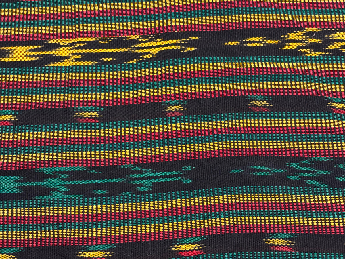 Guatemalan Handwoven Fabric by Yard, Fancy Rasta Red Yellow Green Black Ikat, Cotton 36" Wide
