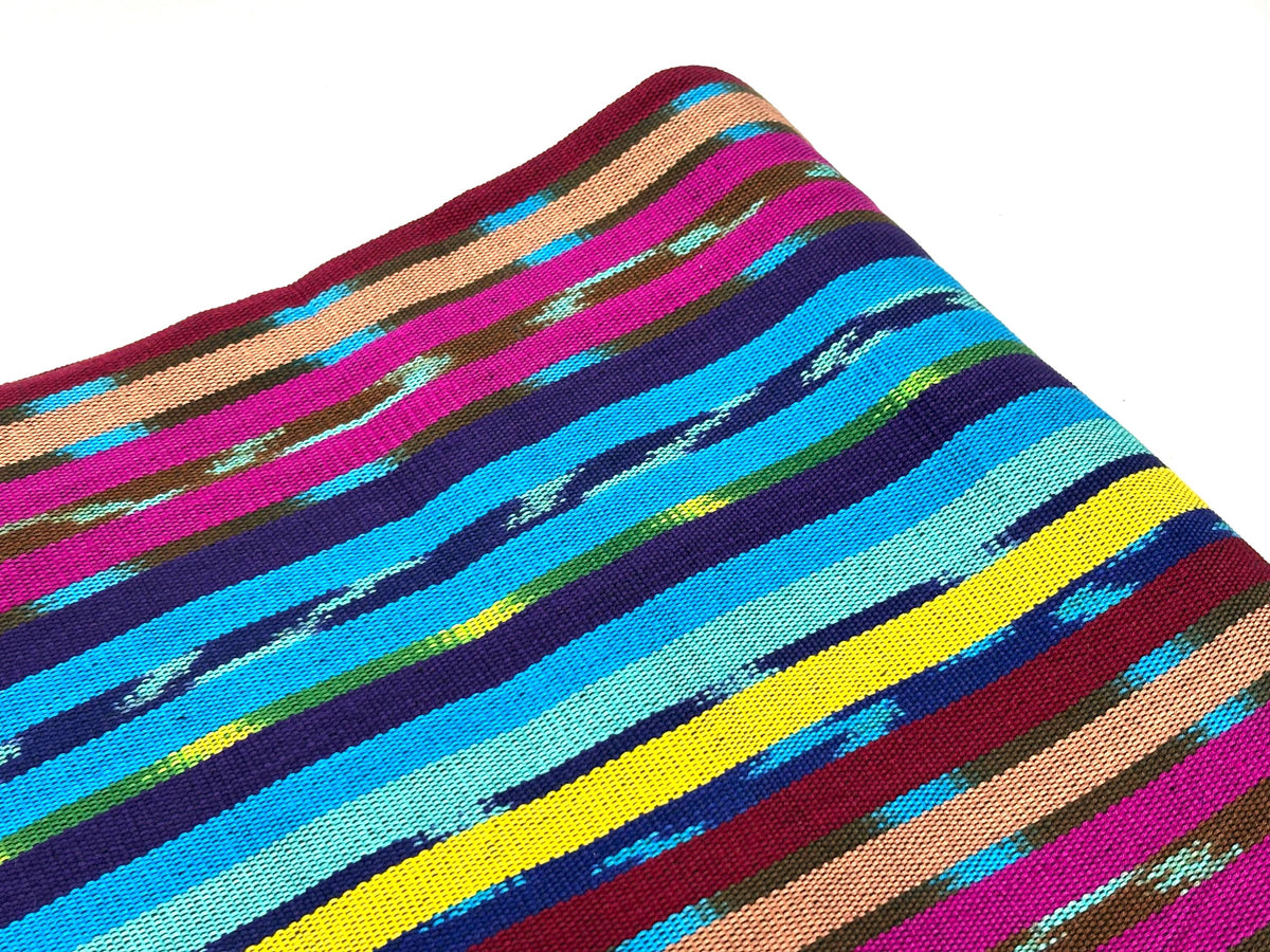Turquoise & Grape Ikat Striped Guatemalan Fabric by Yard, Handwoven Cotton Mayan Textile, 36" Wide.