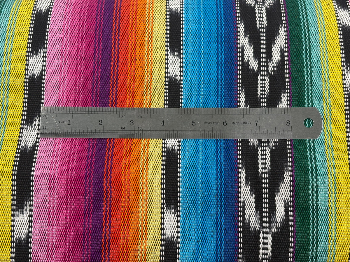 Bright Rainbow & Black, White Ikat Guatemalan Fabric by Yard, Handwoven Cotton, 36" Wide.