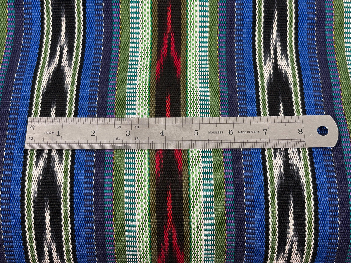 Blue, Green, Red Ikat Guatemalan Fabric by Yard, Handwoven Mayan Cotton Textile, 36" Wide.