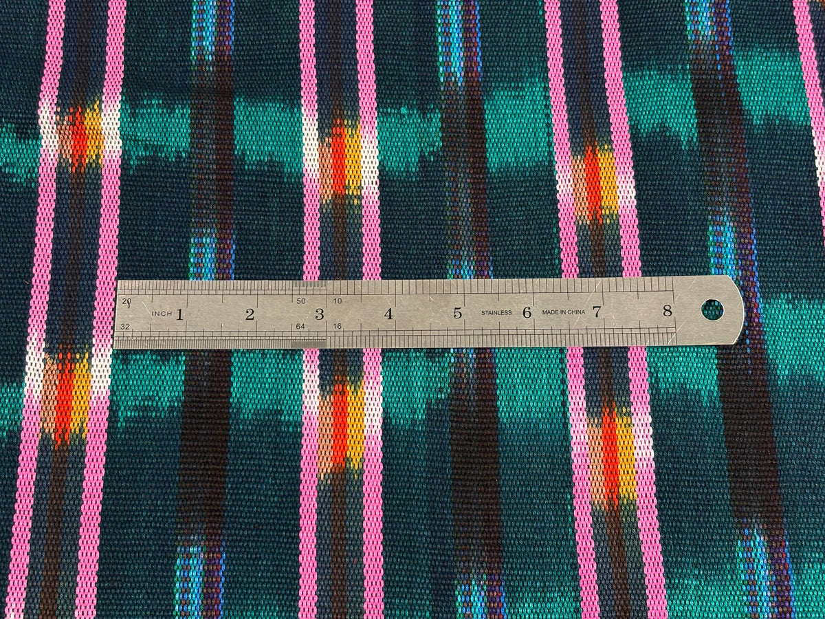 Dark Teal Green and Pink Ikat Guatemalan Fabric by Yard, Handwoven Cotton , 36" Wide.