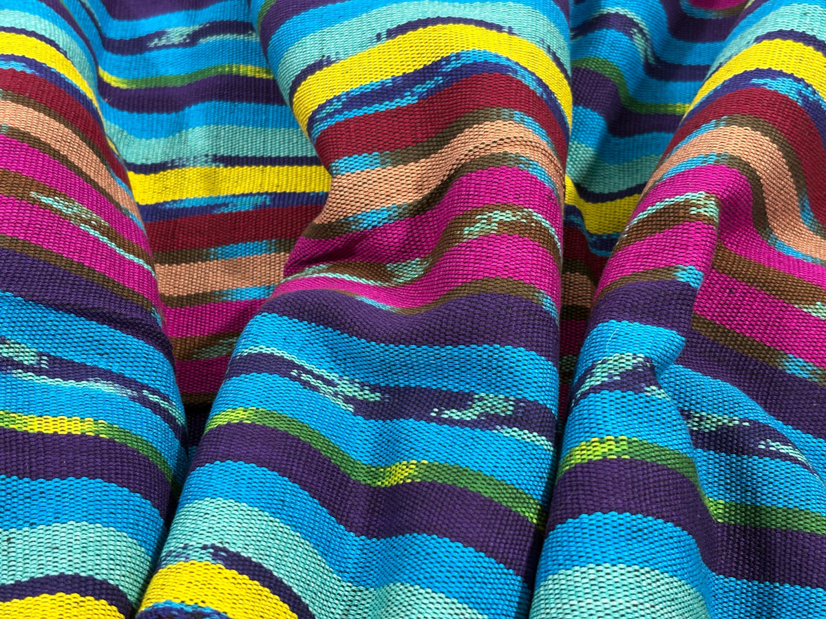 Turquoise & Grape Ikat Striped Guatemalan Fabric by Yard, Handwoven Cotton Mayan Textile, 36" Wide.