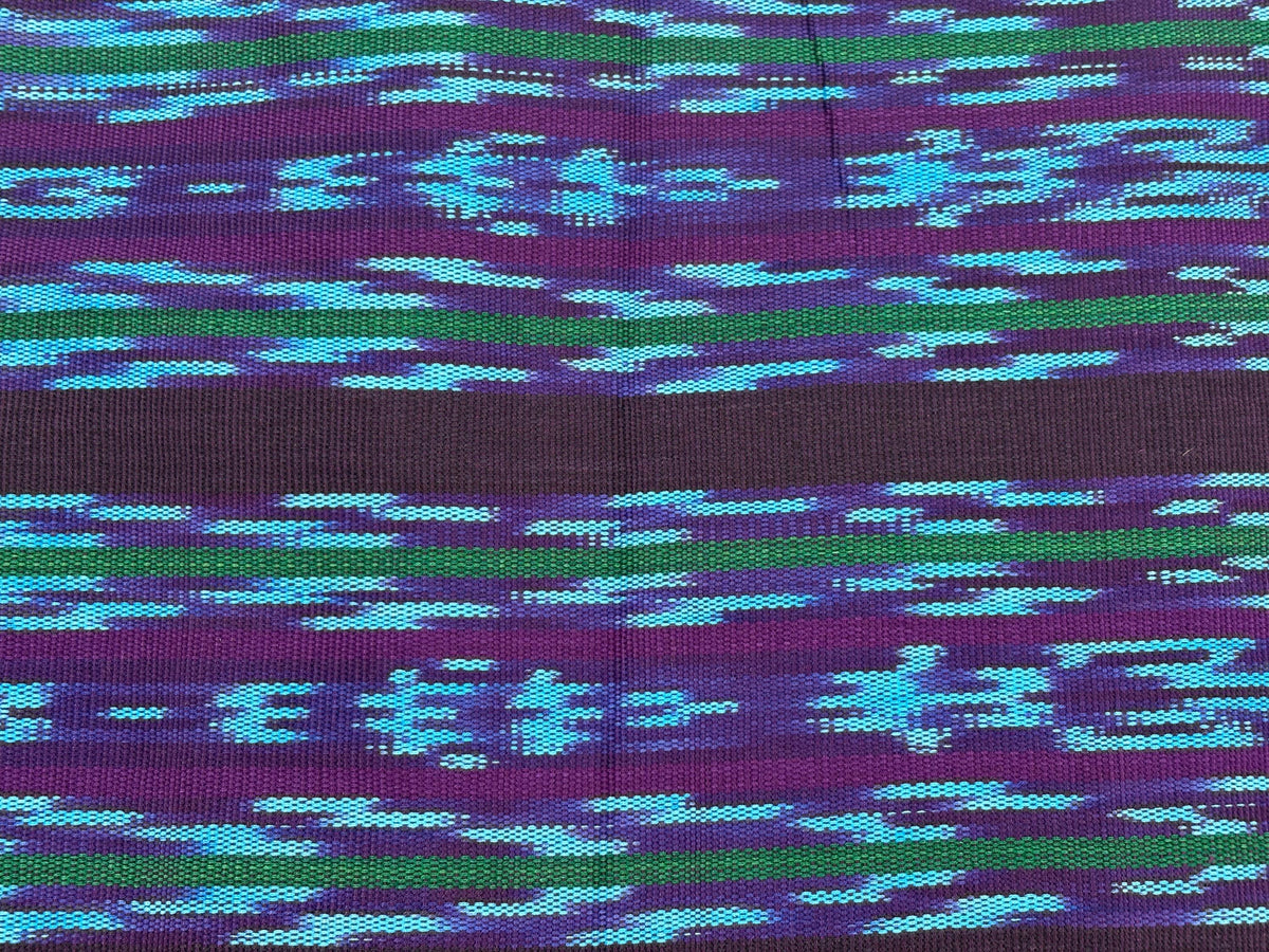 Turquoise & Deep Purple Ikat Striped Guatemalan Fabric by Yard, Handwoven Cotton Mayan Textile, 36".