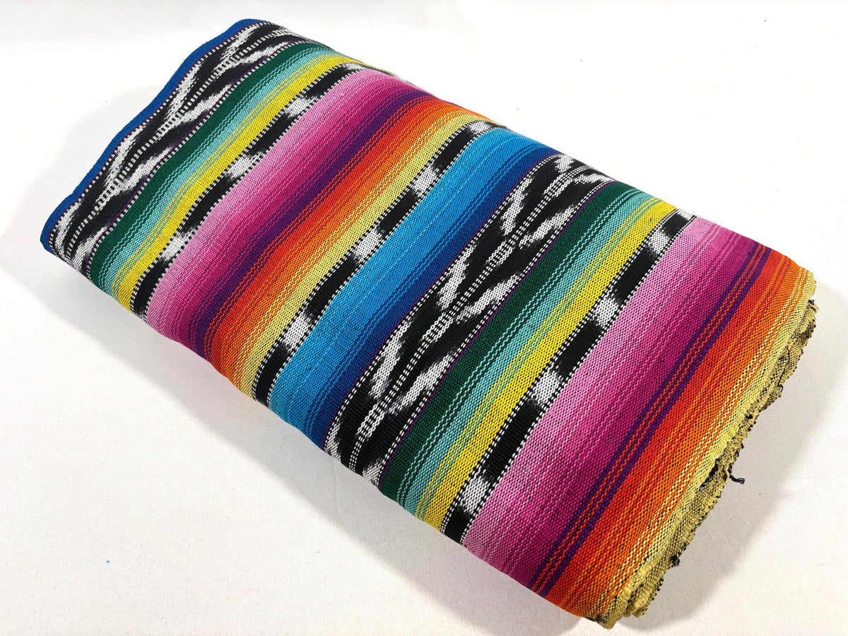 Bright Rainbow & Black, White Ikat Guatemalan Fabric by Yard, Handwoven Cotton, 36" Wide.