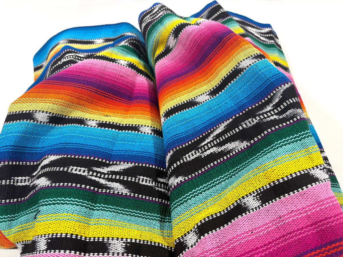 Bright Rainbow & Black, White Ikat Guatemalan Fabric by Yard, Handwoven Cotton, 36" Wide.