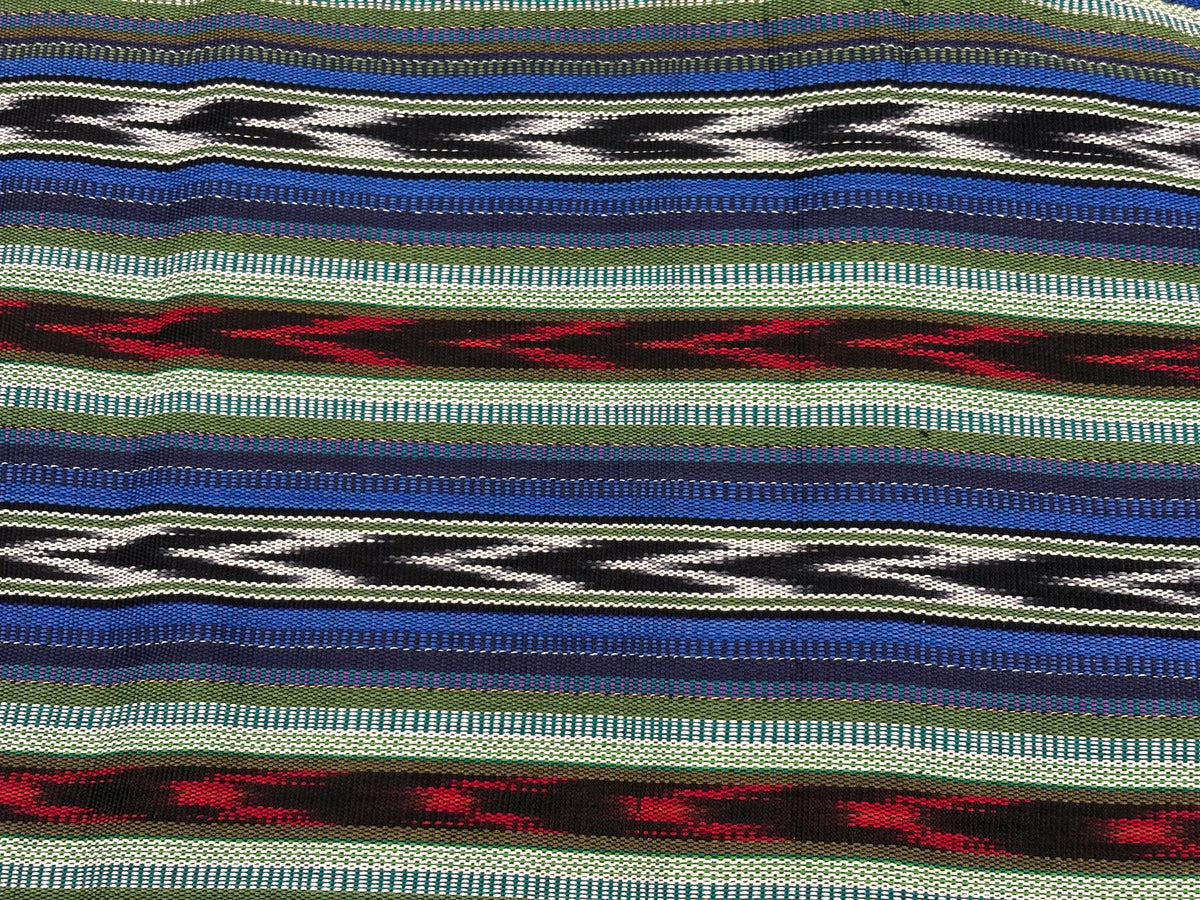 Blue, Green, Red Ikat Guatemalan Fabric by Yard, Handwoven Mayan Cotton Textile, 36" Wide.