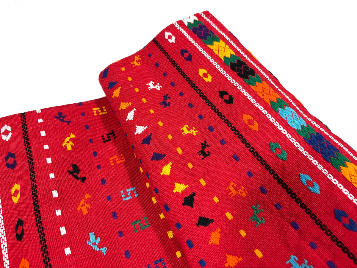 Red Embroidered Fine Weave Guatemalan Huipil Style Fabric by Yard. Handwoven Cotton 36" Wide.