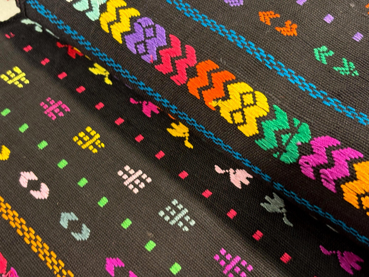 Black Embroidered Fine Weave Guatemalan Huipil Style Fabric by Yard. Handwoven Cotton 36" Wide.