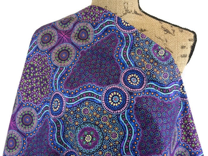 Australian Aboriginal Cotton Quilting Fabric by the YARD. M&S Textiles Wild Bush Flowers Purple. For sewing, quilting, apparel, home decor.