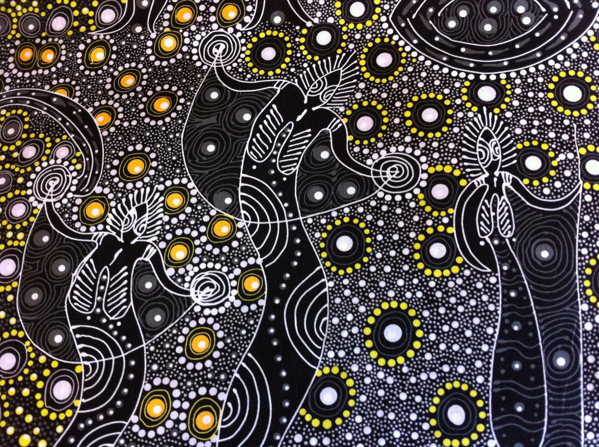 Australian Aboriginal Cotton Quilting Fabric by the YARD. M&S Textiles Dancing Spirit Black. Original Aboriginal Art Design Cotton Fabric.